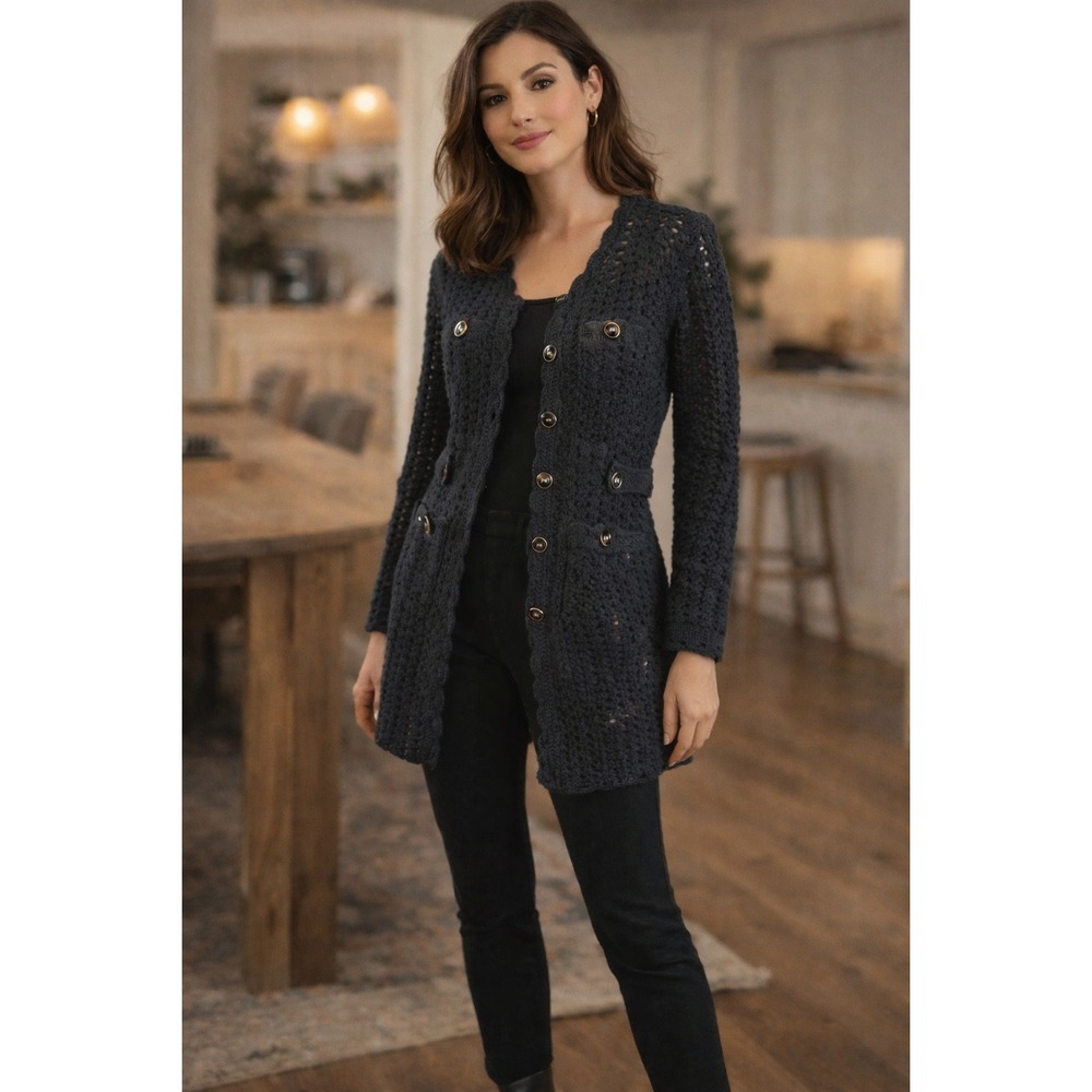 Beth Bowley Anthropologie Crochet Cardigan Angora‎ Blend Black Large